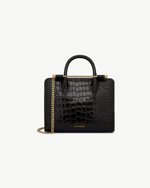 Strawberry Mini Tote - Croc-Embossed Leather Black