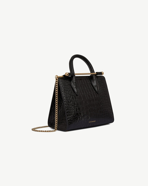 Strawberry Mini Tote - Croc-Embossed Leather Black