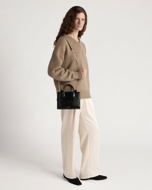 strawberry Mini Tote - Croc-Embossed Leather Black