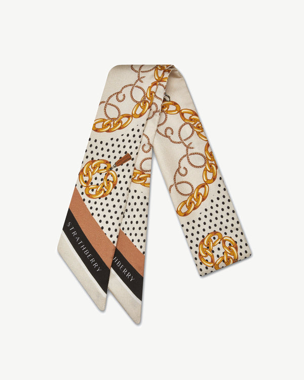 Strawberry Silk Skinny Scarf - Black/Tan Chain Print