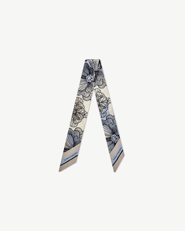Strawberry Silk Skinny Scarf - Floral Blue/Vanilla