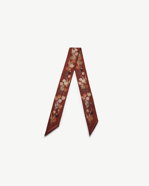Strawberry Silk Skinny Scarf - Oxblood Tulip Print