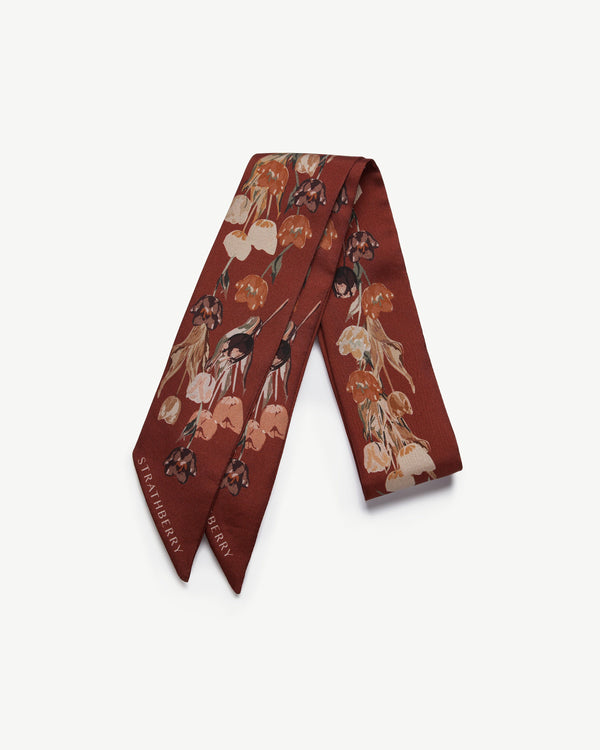 Strawberry Silk Skinny Scarf - Oxblood Tulip Print