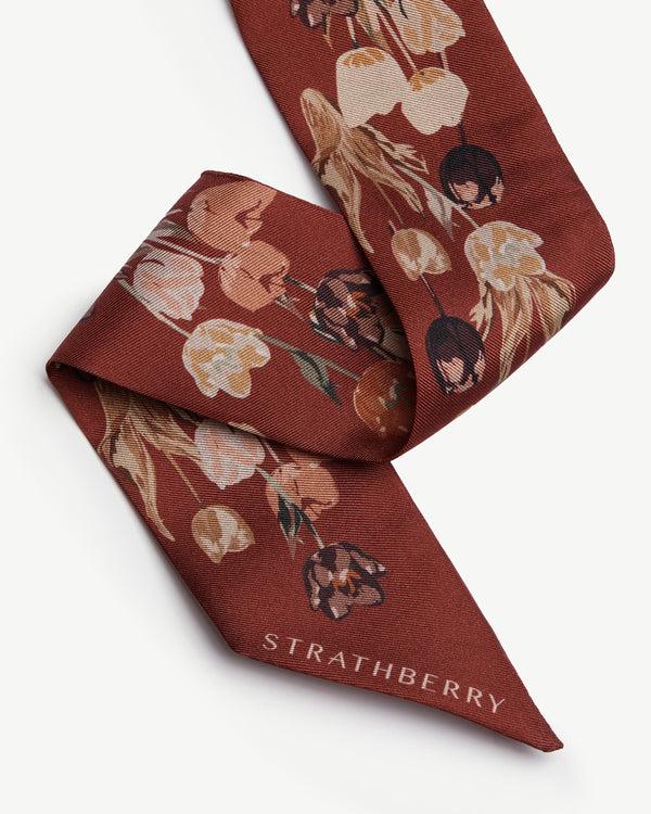 Strawberry Silk Skinny Scarf - Oxblood Tulip Print