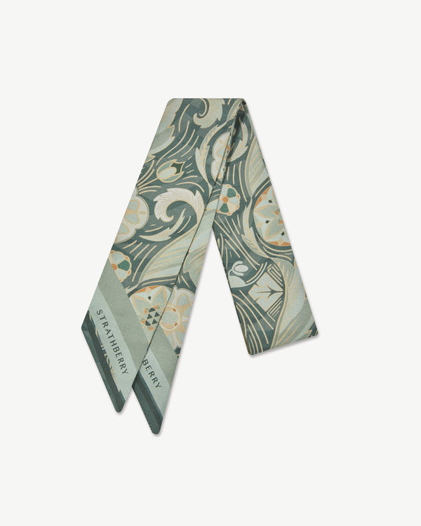 Strawberry Silk Skinny Scarf - Sage Arcade Print