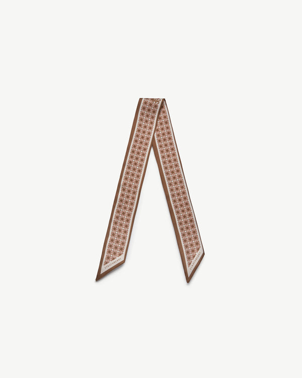 Strawberry Silk Skinny Scarf - Tan Geometric Print