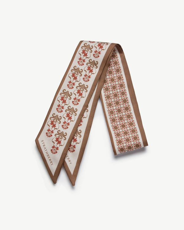 Strawberry Silk Skinny Scarf - Tan Geometric Print
