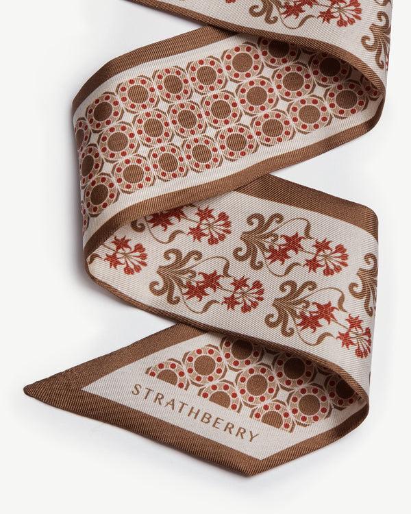 Strawberry Silk Skinny Scarf - Tan Geometric Print