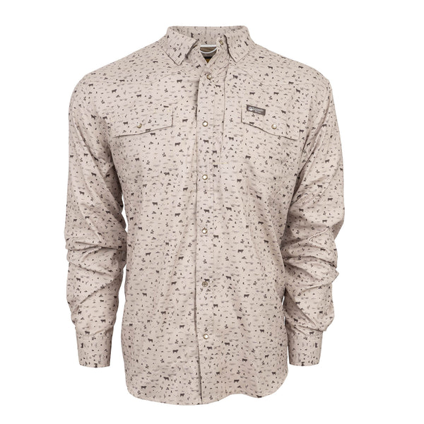 sts ranchwear Men's Fischer - Long Sleeve - Khaki Bull Print