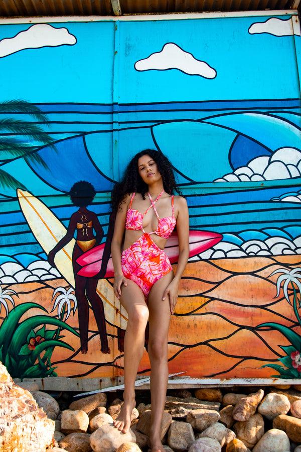 Studio 189 Aqua X Studio 189: Orange & Pink Big Leaf Cutout One Piece Swimsuit