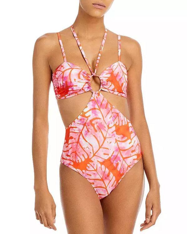 studio 189 Aqua x Studio 189: Orange & Pink Big Leaf Cutout One Piece Swimsuit