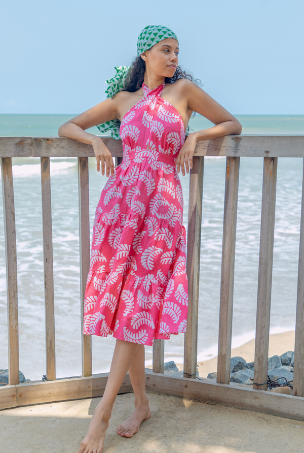 Studio 189 Aqua X Studio 189: Pink Leaf Print Halter Midi Dress
