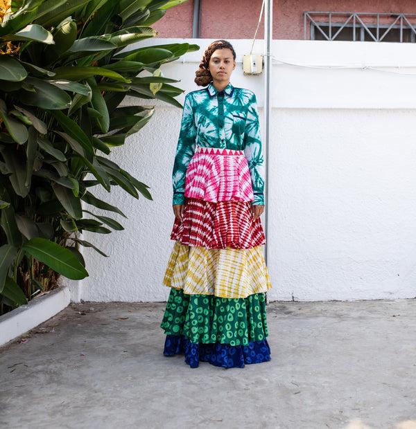 Studio 189 Hand-Batik Cotton Tiered Ruffle Long Skirt