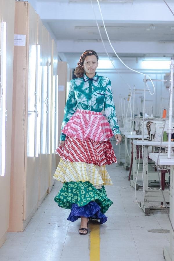 Studio 189 Hand-Batik Cotton Tiered Ruffle Long Skirt