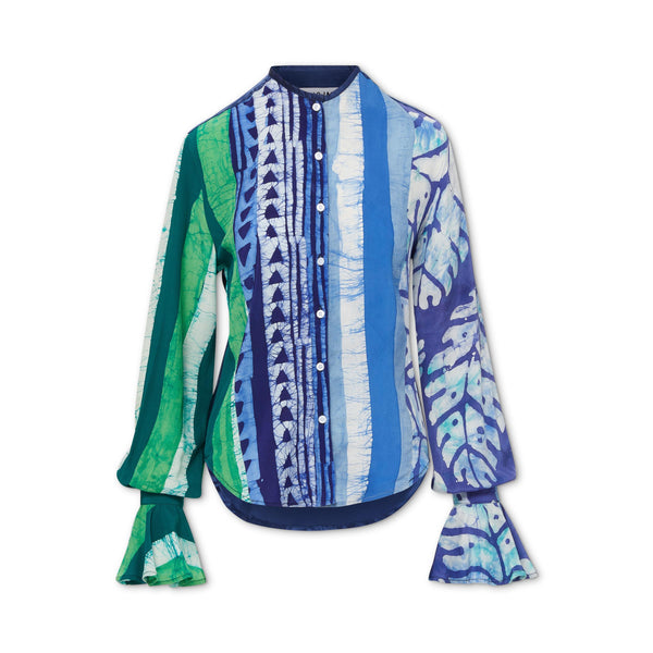 studio 189 Hand-Batik Silk Ruffle Cuff Long Sleeve Shirt