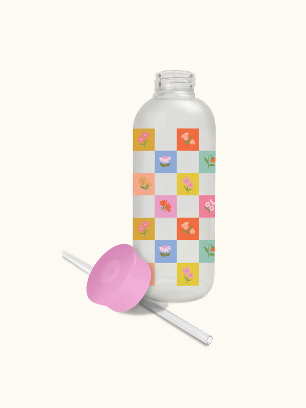 Studio Oh Checkerboard Blooms Glass Water Bottle With Straw