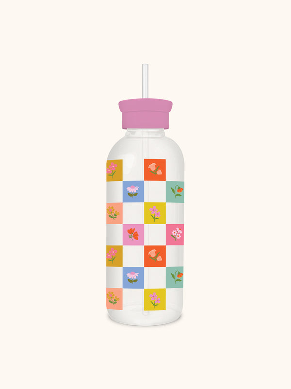 studio oh Checkerboard Blooms Glass Water Bottle with Straw