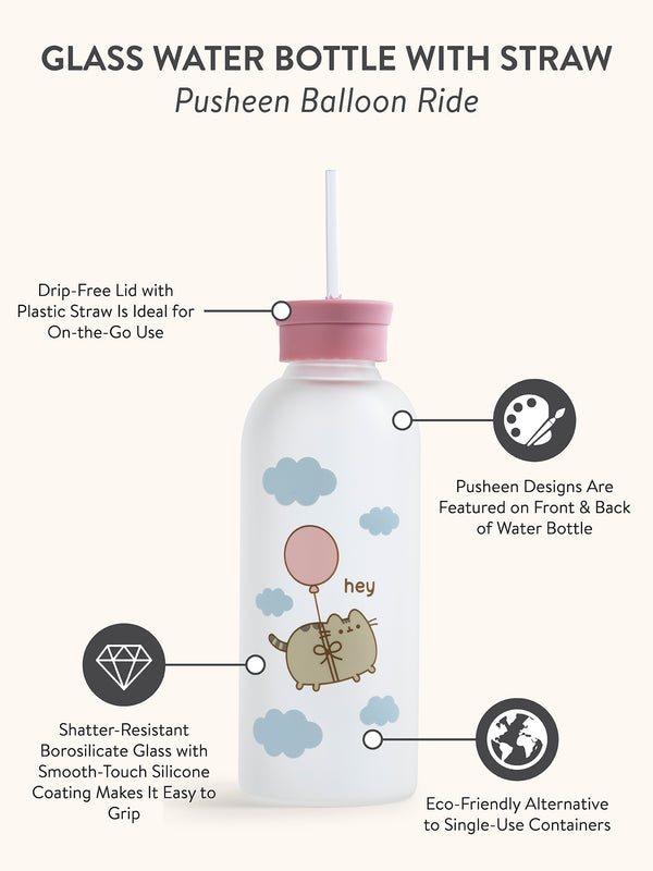 Studio Oh Pusheen Balloon Ride Glass Water Bottle With Straw