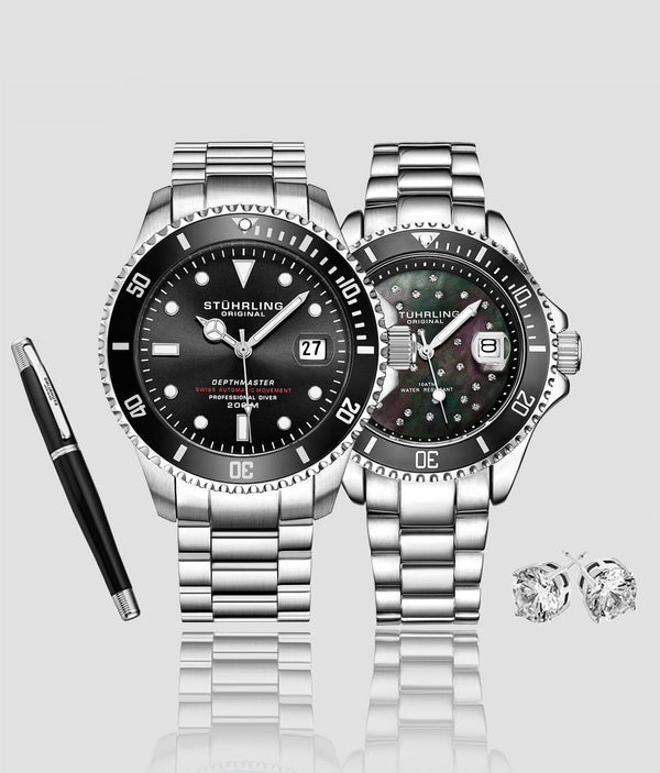 stührling Stührling Classic Couple Diver Set with Signature Pen and Stud Earring