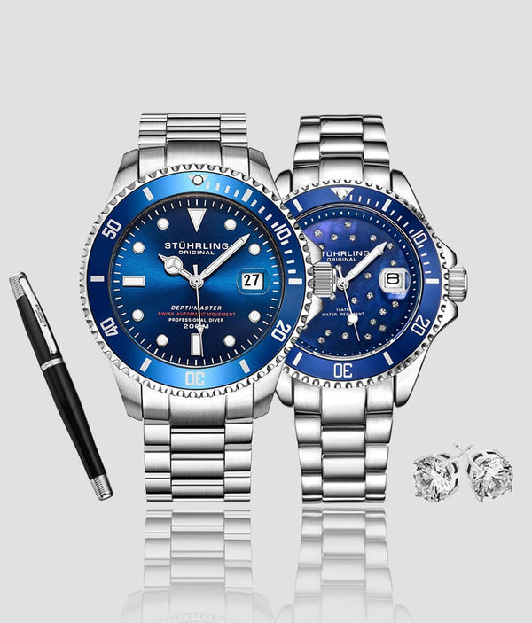 stührling Stührling Deep Blue Divers Trio with Signature Pen and Stud Earring