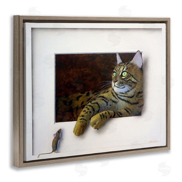 Stupell Industries Alan Weston | Manx Cat Resting Curious Mouse Peering Illusion Wall Art