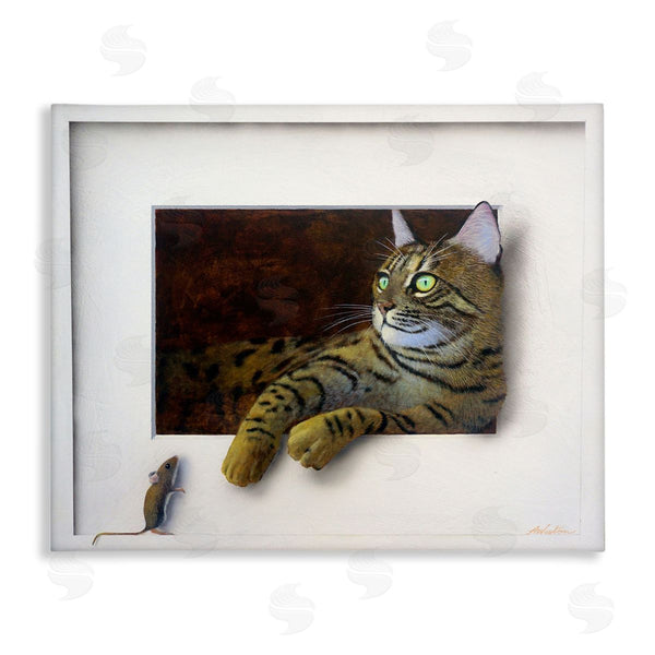 stupell industries Alan Weston | Manx Cat Resting Curious Mouse Peering Illusion Wall Art