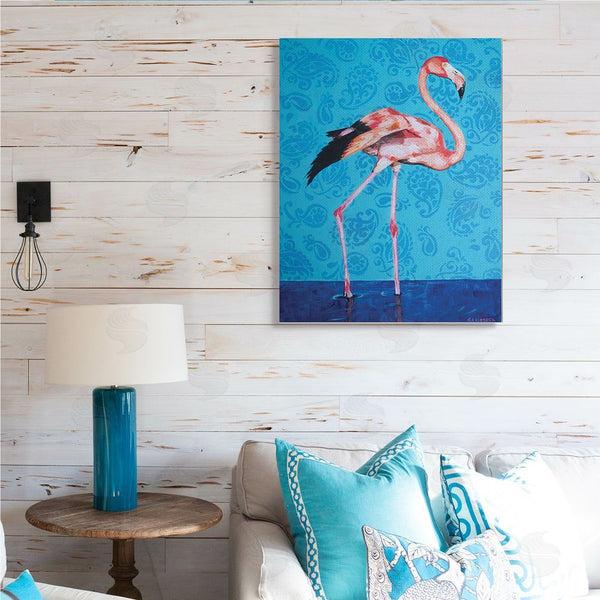Stupell Industries Alana Clumeck | Pink Flamingo In Water Over Blue Paisley Pattern Wall Art