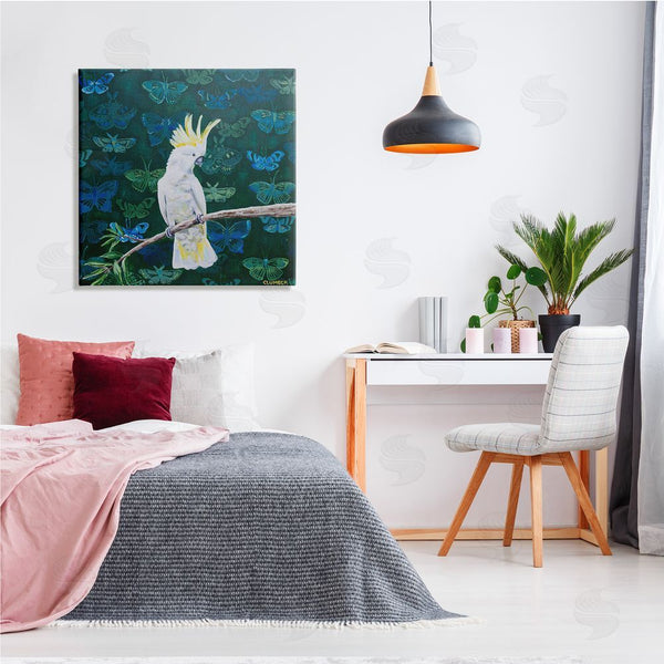 Stupell Industries Alana Clumeck | Tropical White Yellow Parrot Perched Butterfly Print Pattern Wall Art