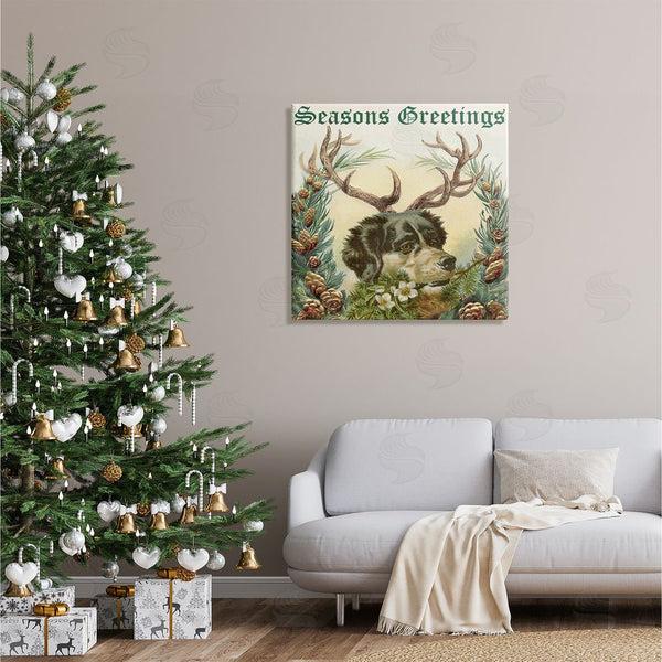 Stupell Industries Alicia Longley | Seasons Greetings Dog Wearing Antlers Botanical Border Wall Art