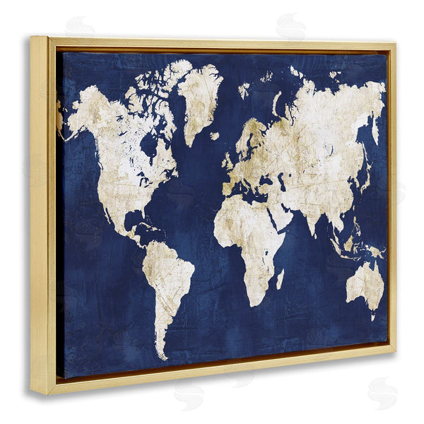 Stupell Industries Alicia Vidal | Distressed Gold Navy World Map