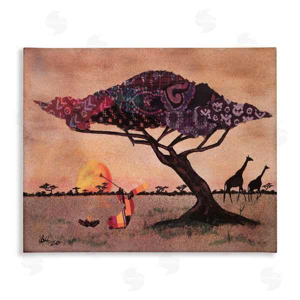 stupell industries Alonzo Saunders | African Sunrise Safari Landscape Man Playing Trumpet