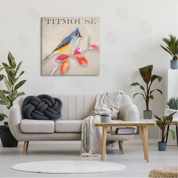 Stupell Industries Alpenglow Workshop | Titmouse Bird Perched Vivid Plant Leaves Typography Wall Art