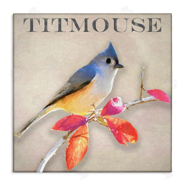 stupell industries Alpenglow Workshop | Titmouse Bird Perched Vivid Plant Leaves Typography Wall Art