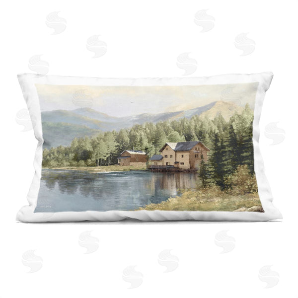 stupell industries Amber Sterling | Lakeside Cabin with Mountain View Printed Throw Pillow