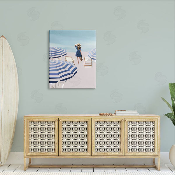Stupell Industries Amelia Noyes | Woman Enjoying Beach Shore Umbrellas Coastal Scene Wall Art