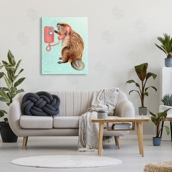 Stupell Industries Amelie Legault | Beaver Dialing Telephone Vintage Turquoise Shapes Design Wall Art