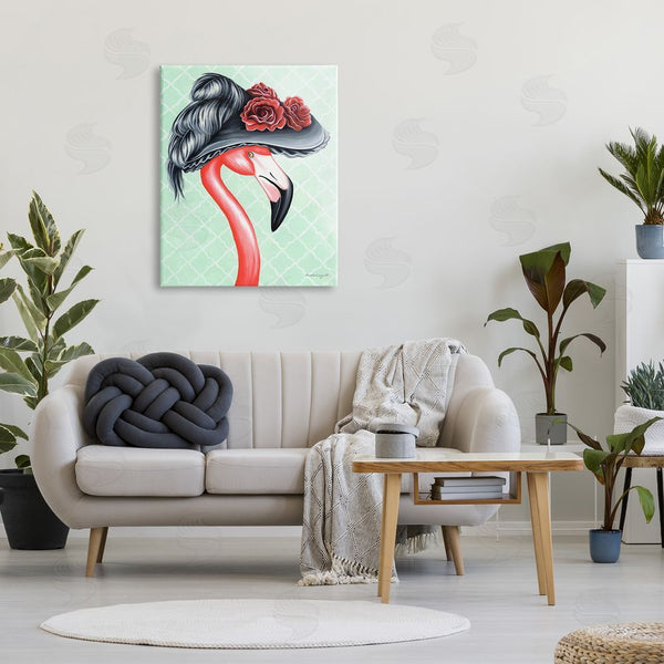 Stupell Industries Amelie Legault | Classy Flamingo Vintage Black Floral Hat Green Pattern Wall Art