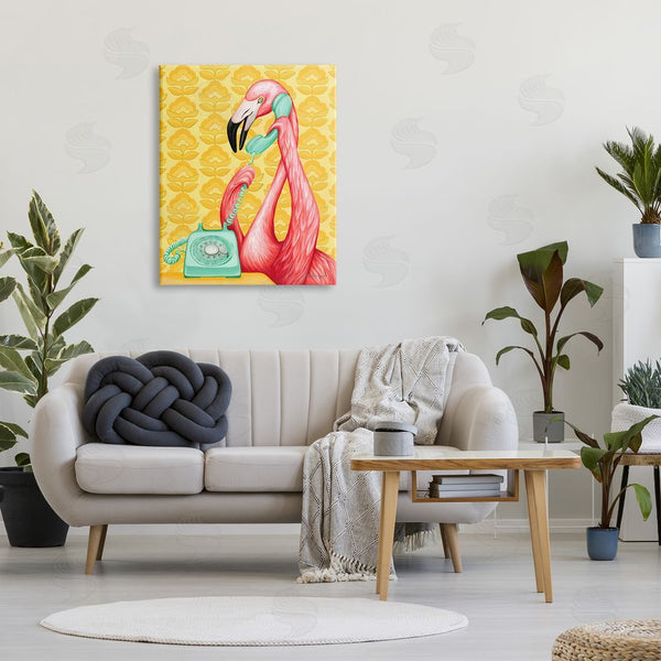 Stupell Industries Amelie Legault | Flamingo Calling Dial Telephone Groovy Flowers Wallpaper Wall Art