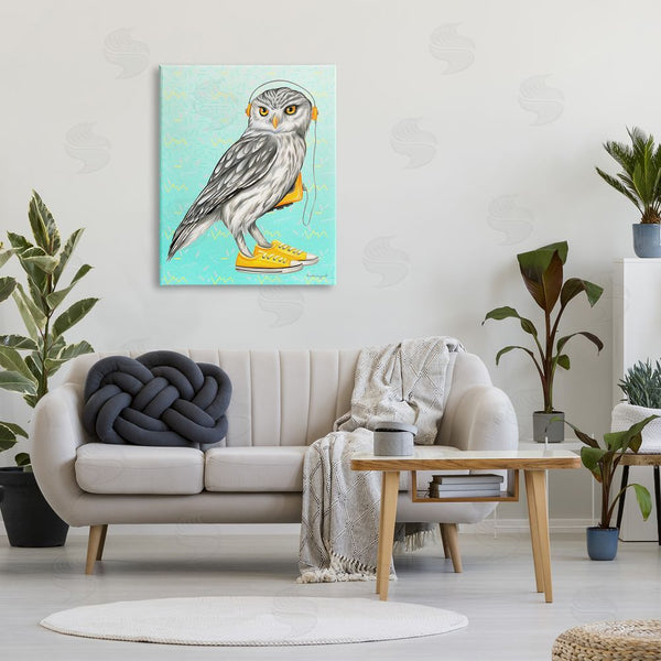 Stupell Industries Amelie Legault | Owl Wearing Yellow Sneakers Headphones Retro Pattern Wall Art