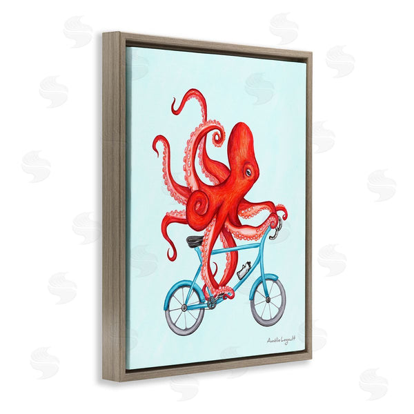 Stupell Industries Amelie Legault | Red Octopus Tentacles Riding Blue Bike Bicycle Wall Art