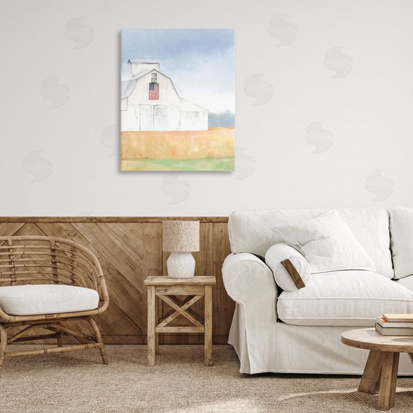 Stupell Industries Amy Hall | American Flag White Country Barn Rural Scenery Wall Art