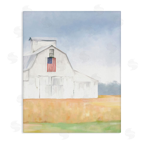 stupell industries Amy Hall | American Flag White Country Barn Rural Scenery Wall Art