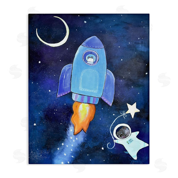 stupell industries Andrea Doss | Animals in Outer Space Rocket Ship Star Balloon Night Sky Wall Art