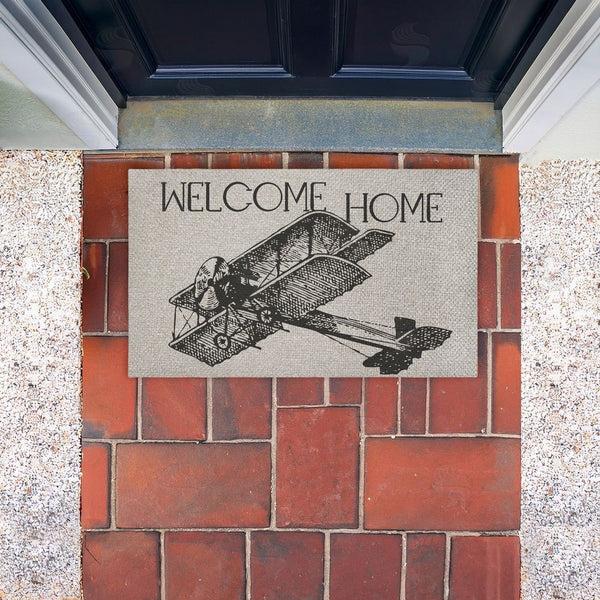 Stupell Industries Andrea Jasid Grassi | Welcome Home Vintage Airplane Faux Sisal Door Mat