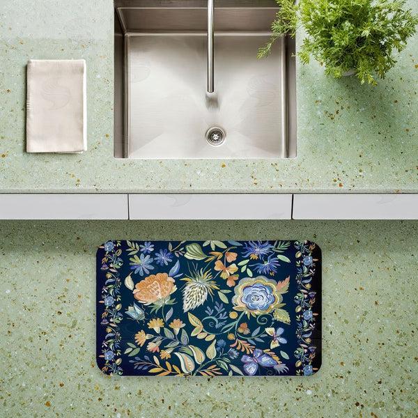 Stupell Industries Ani Del Sol | Painted Blue Floral On Black Anti-Fatigue Mat