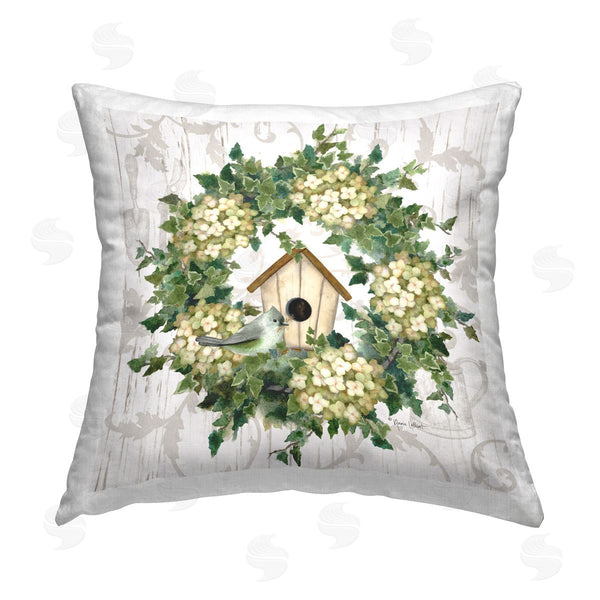 stupell industries Annie LaPoint | Spring Birdhouse Wreath Printed Throw Pillow