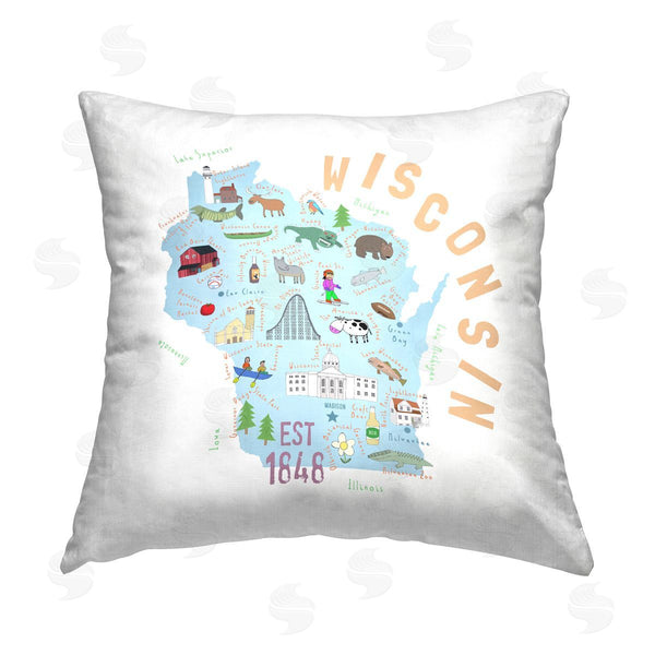 stupell industries Carla Daly | Blue Wisconsin State Landmarks Printed Throw Pillow