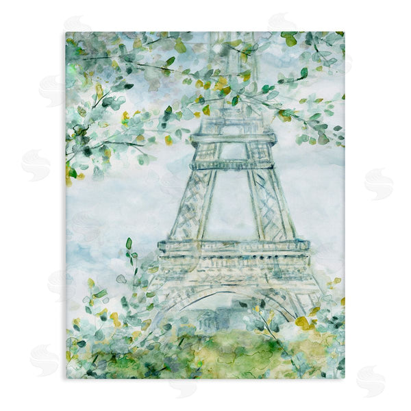 stupell industries Carol Robinson | Watercolor Eiffel Tower Painting Soft Green Leaf Trees Wall Art