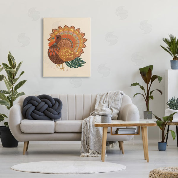 Stupell Industries Caroline Alfreds | Happy Thanksgiving Festive Orange Wild Turkey Patterned Wall Art