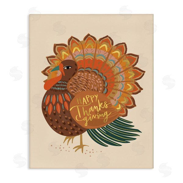 stupell industries Caroline Alfreds | Happy Thanksgiving Festive Orange Wild Turkey Patterned Wall Art